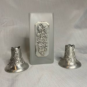Seagull Pewter vase, matching candle stick holders